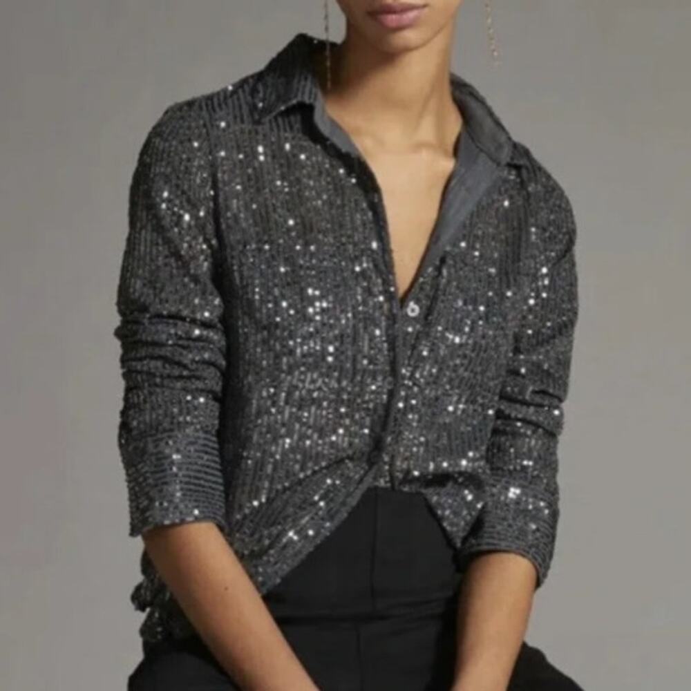 Anthropologie Sequin Button Down Shirt Collared Long Sleeve Slate Grey Small